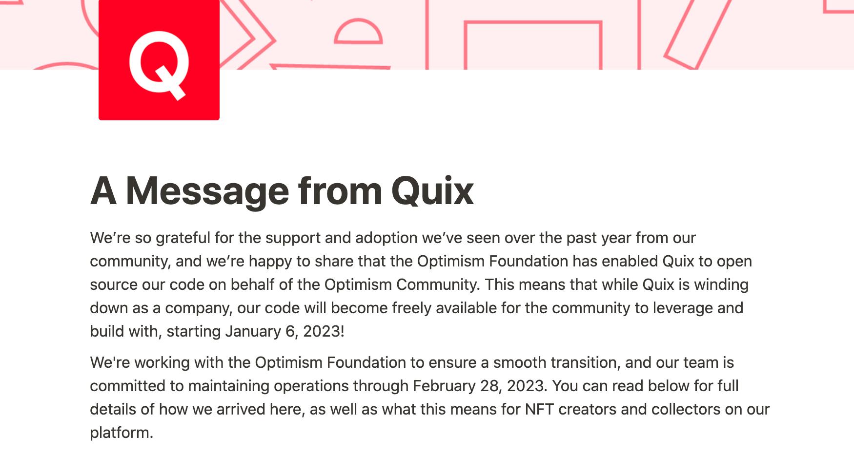 NFT 市场 Quix 将于明年 2 月结束运营，正与 Optimism 合作将代码开源