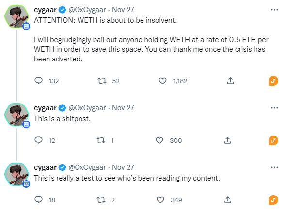 “WETH FUD” 최초 전파자: WETH는 절대 디페깅되지 않으며, 농담은 단지 누가 이 내용을 보고 있는지 테스트하기 위한 것입니다