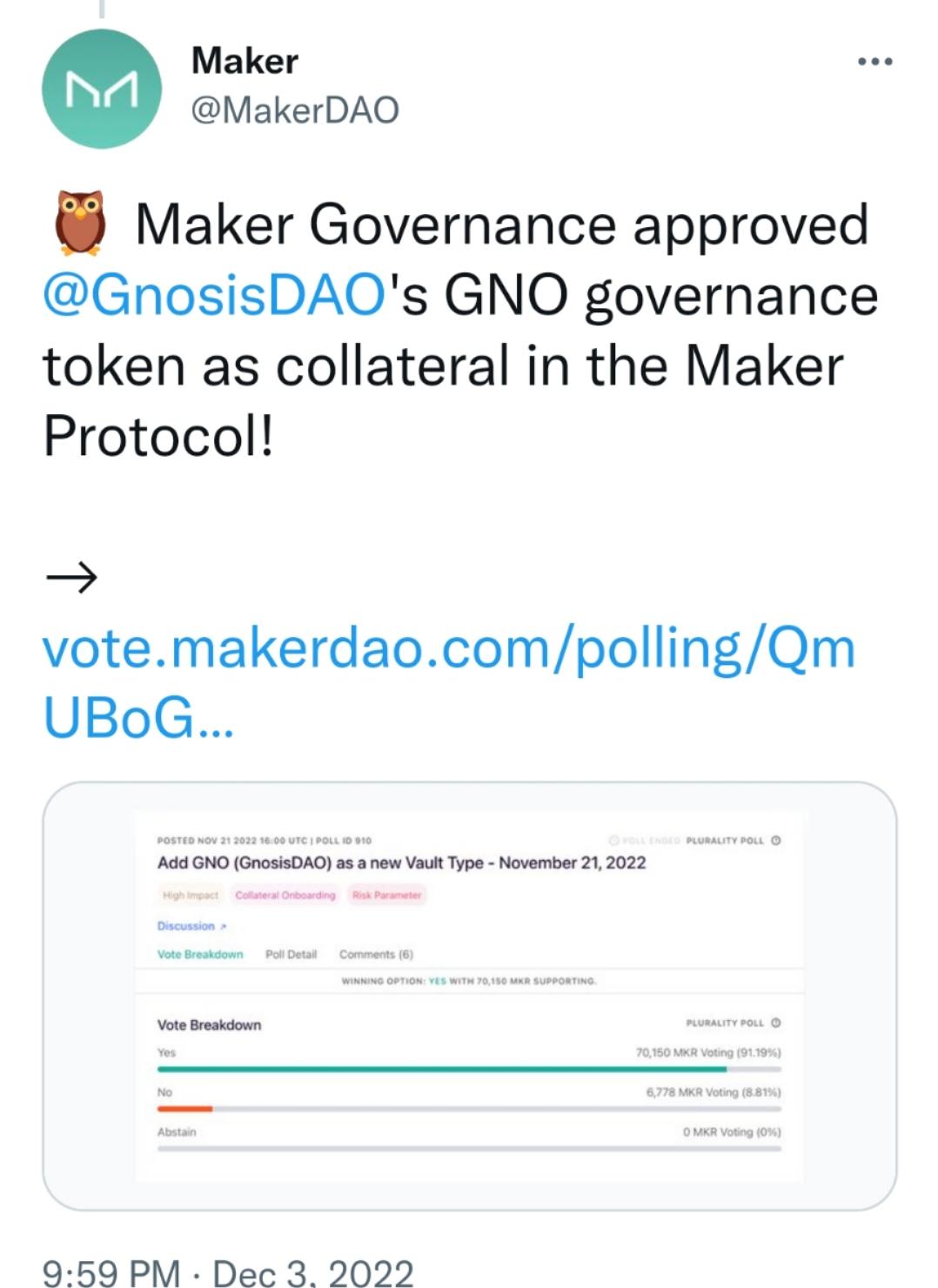 MakerDAO 已正式通过将 GNO 作为抵押品的提案