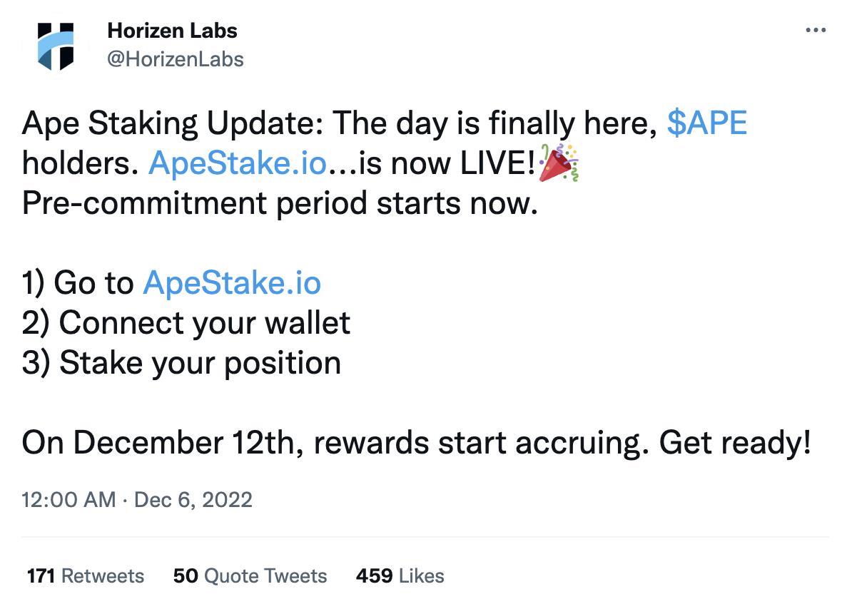 Ape 质押功能已上线，将于 12 月 12 日开放奖励领取