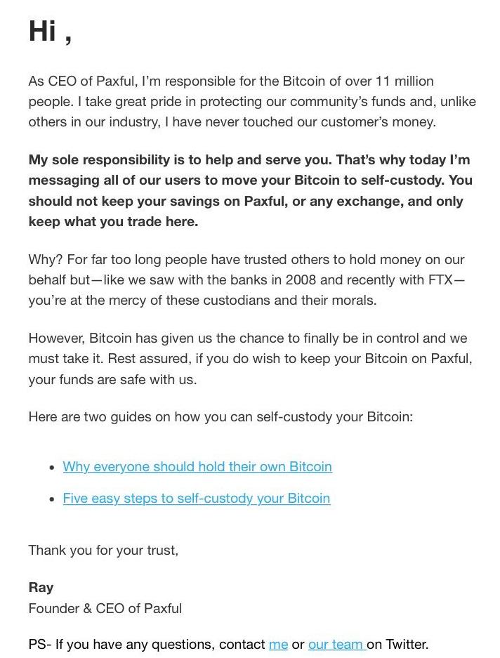 ビットコインP2PマーケットPaxfulはユーザーにビットコインを自己管理ウォレットに移動するよう通知しました。