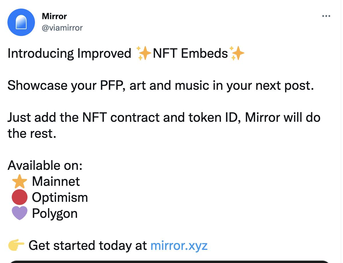 Mirror 已支持在文章中嵌入並展示 PFP、藝術和音樂類 NFT