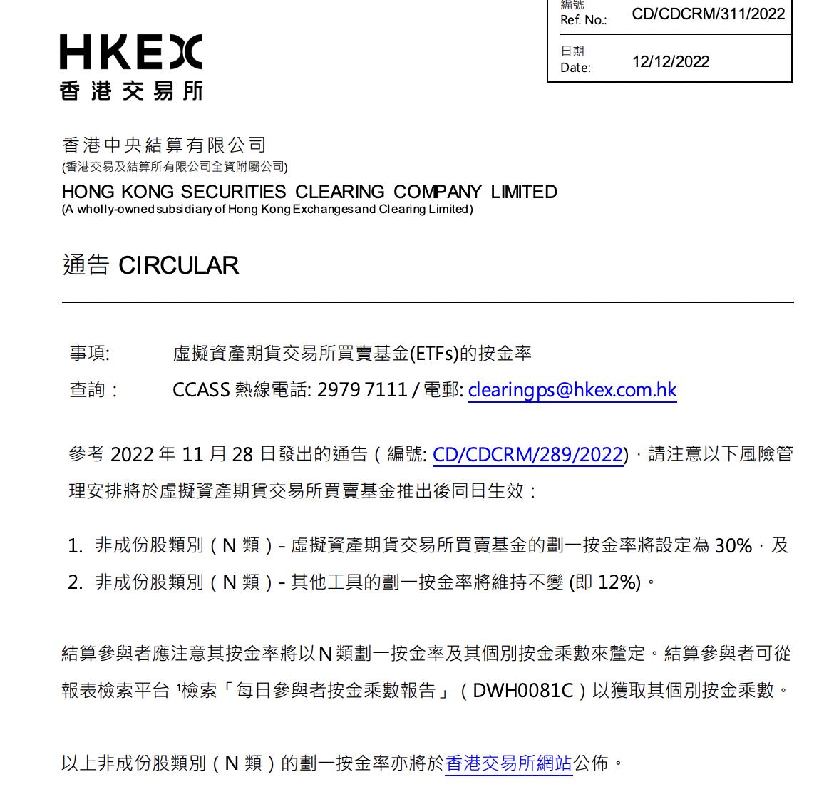 港交所：虚拟资产期货 ETF 保证金利率将设定为 30%