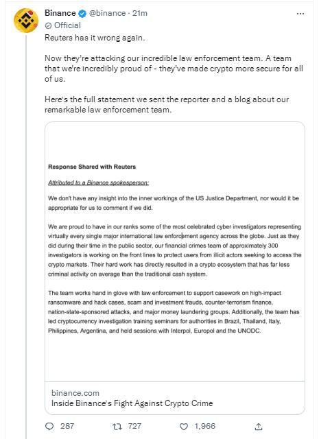 Binance：路透社正攻击其执法团队，自 2021 年 11 月已响应超 4.7 万项执法请求