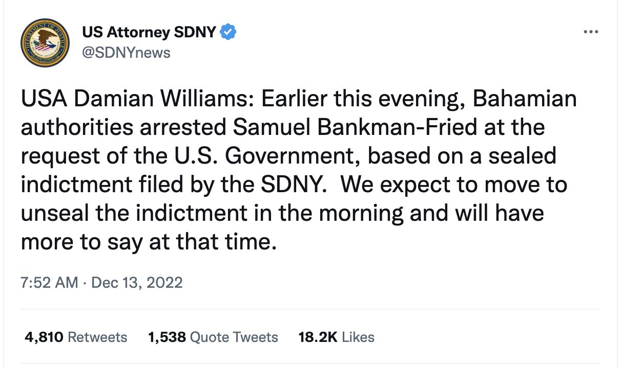 美国纽约南区法院：预计明日公布针对 SBF 的起诉书