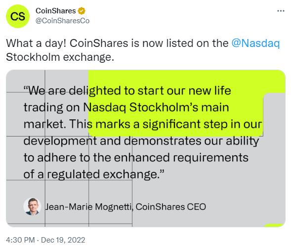 CoinShares is listed on the Nasdaq Stockholm Stock Exchange