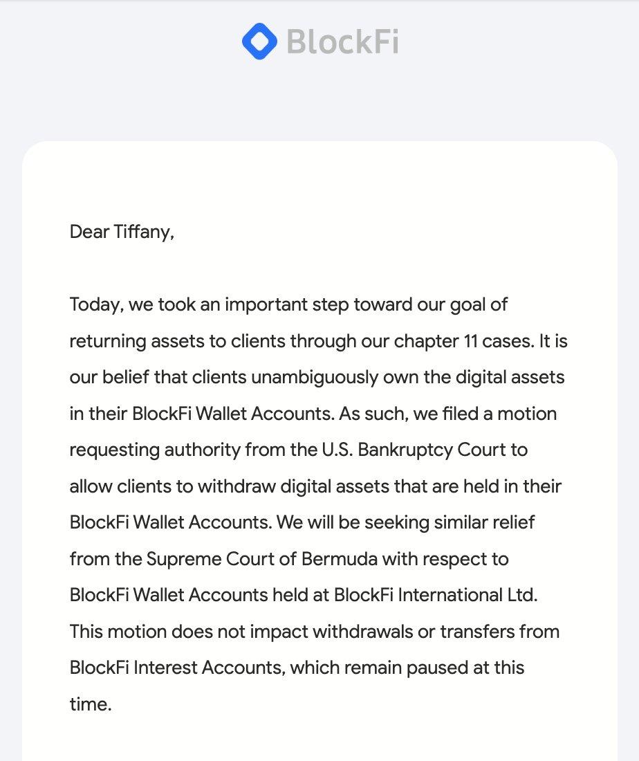 BlockFi 向美国破产法院申请拟允许客户从钱包账户中提款