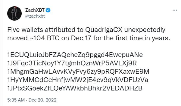 加密货币交易平台 QuadrigaCX 的比特币钱包休眠三年后突然转移约 104 枚 BTC