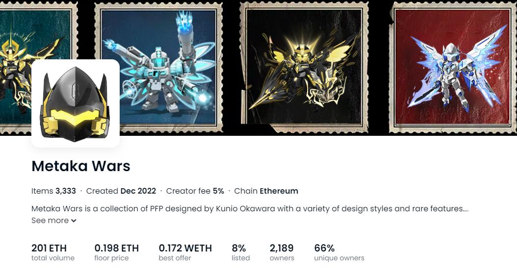 机甲 NFT 系列 MetakaWars 地板价突破 0.35 ETH，24 小时交易额增幅约 500%