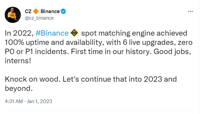 趙長鵬：2022年，Binance 現貨匹配現貨匹配引擎 100 %正常運行