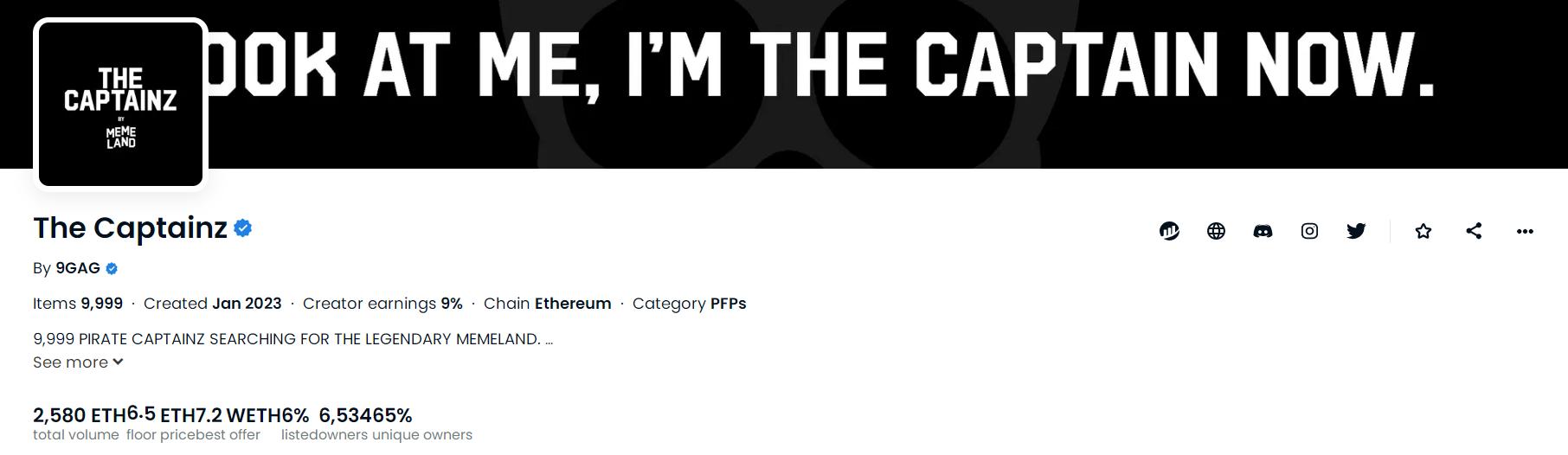 Memeland 船長 NFT 空投已完成，OpenSea 上地板價暫報 7.2 ETH