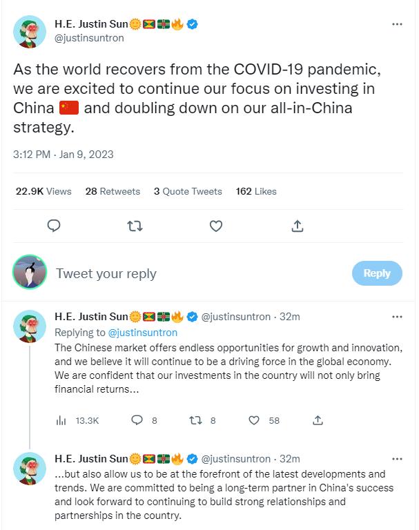 孙宇晨：继续专注在中国的投资，并加倍实施 all-in-China 战略