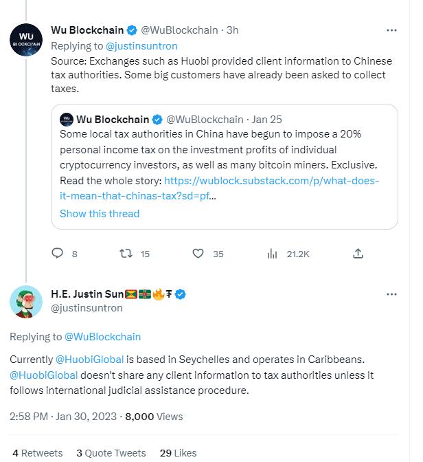 孙宇晨：除协助国际司法协助程序，Huobi 不会向税务机关共享客户信息