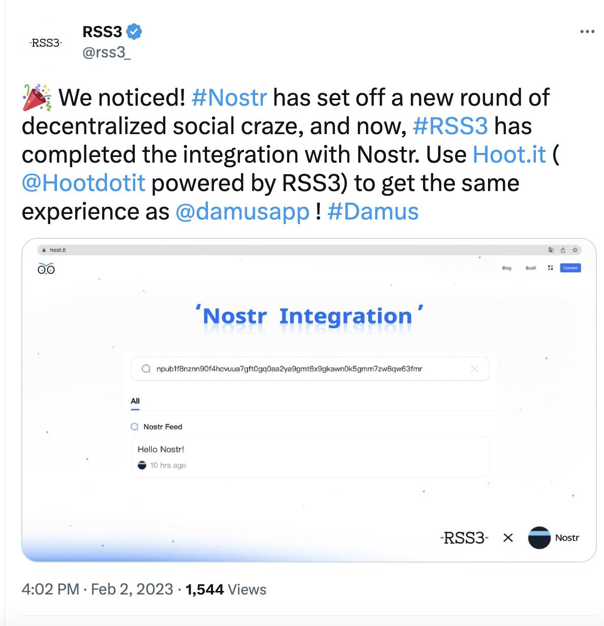 RSS3 已与 Nostr 集成，通过 Hoot.it 可浏览 Nostr 社交数据
