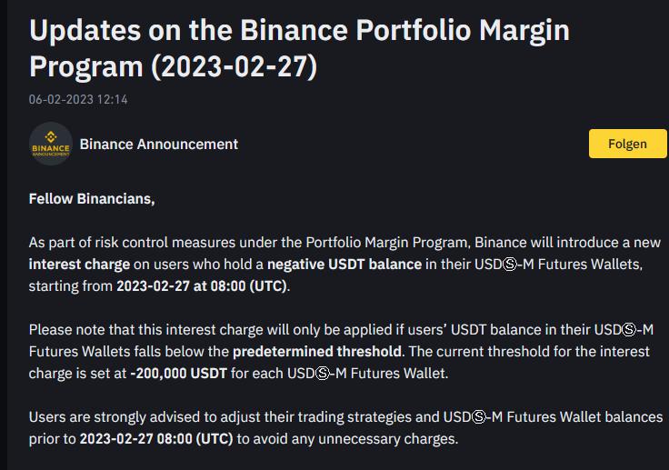 幣安將對 U 本位合約帳戶中持有負 USDT 餘額的用戶收取利息