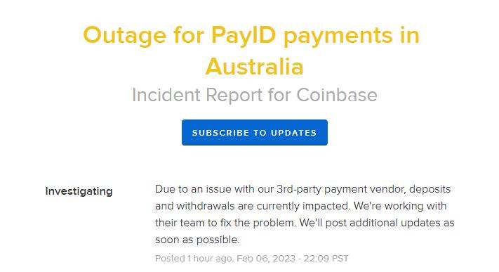 Coinbase 因供应商问题已暂停澳大利亚用户存提款服务