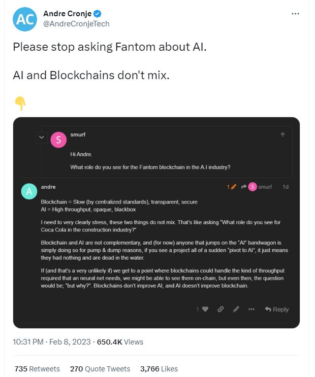 Andre Cronje：Fantom 不會涉足 AI，區塊鏈和 AI 不能結合