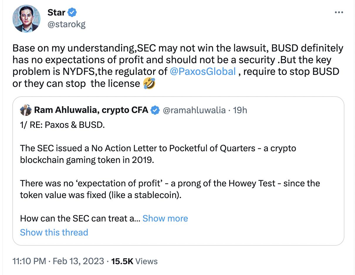 徐明星：SEC 可能打不赢官司，BUSD 没有盈利预期不应该被视为证券