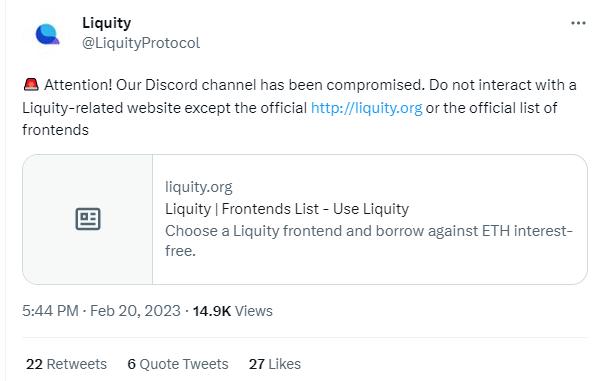 DeFi 借贷协议 Liquity：官方 Discord 遭入侵，提醒用户注意钓鱼网站风险
