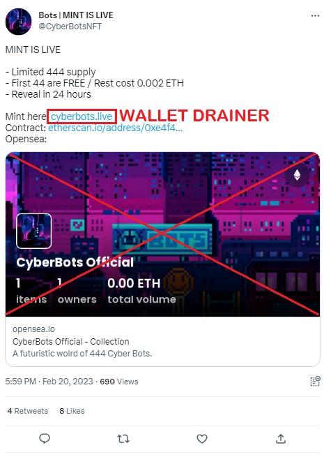CertiK：CyberBotsNFTがウォレット資金を使い果たす偽のミント活動を開始、詐欺に注意してください。