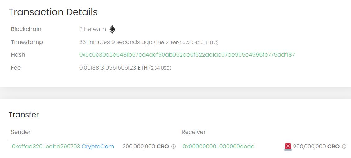 數據：Crypto.com 將 2 億枚 CRO 轉入以太坊黑洞地址