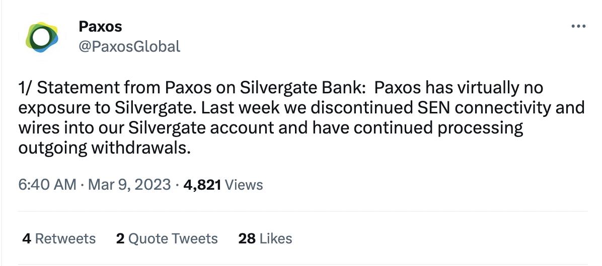 Paxos：先週、SilvergateアカウントとSENネットワークの使用を停止しました。