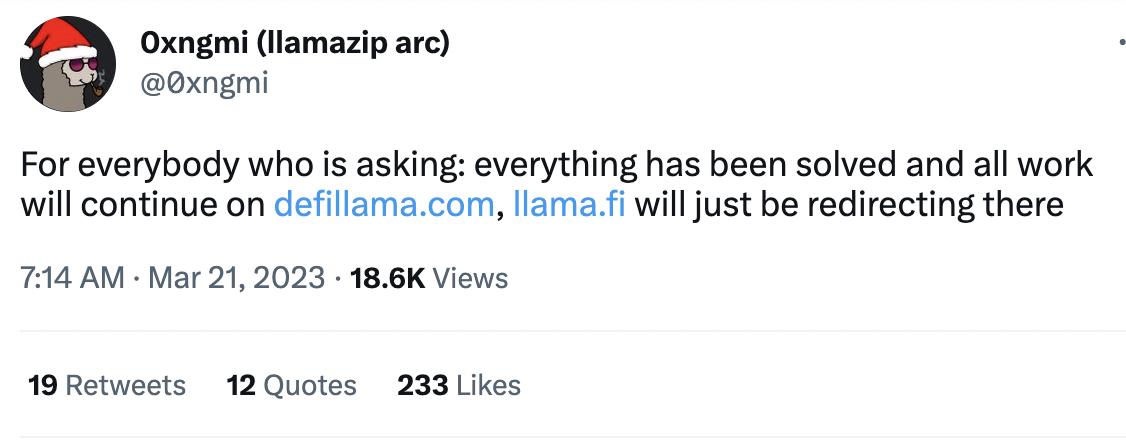 DefiLlama co-founder 0xngmi: llama.fi will redirect to defillama.com