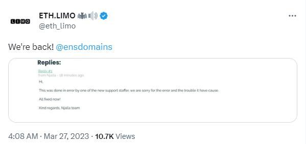 ENSドメイン名解決サービス運営者ETH.LIMOは、サービスを再開しました。
