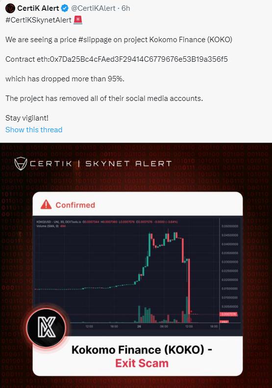 CertiK：Kokomo Finance 發生 Rug Pull，盜取約 400 萬美元用戶資金