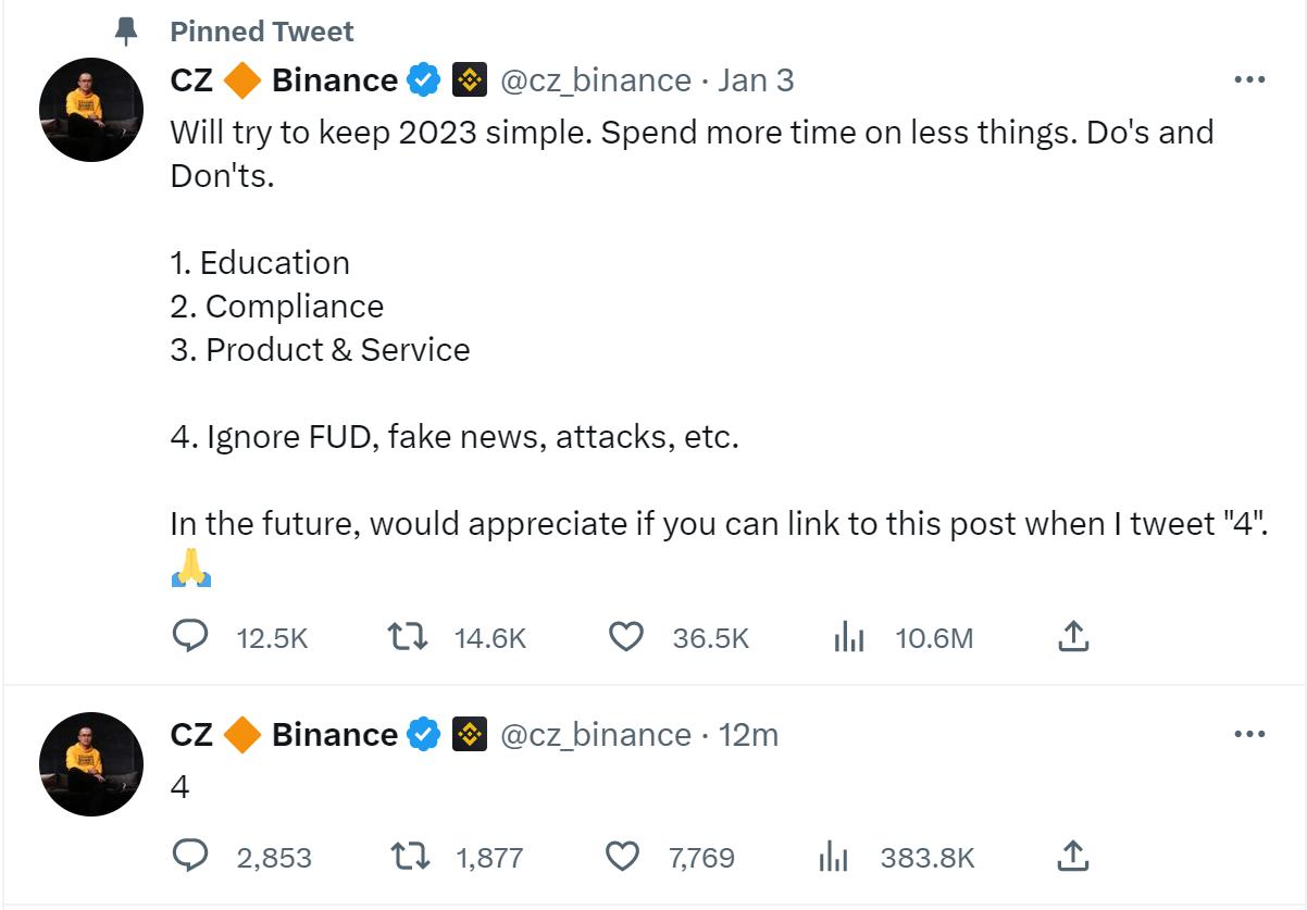 赵長鵬が訴訟を受けたことに対する反応：ツイートで数字「4」を発信し、FUDを無視する意図を示す