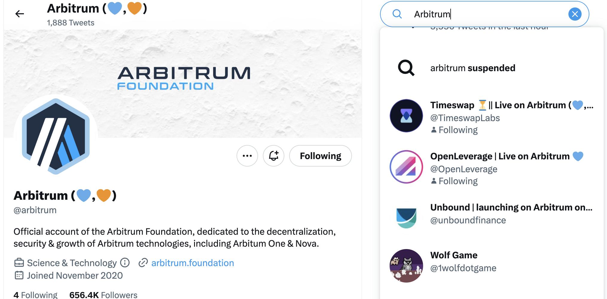 The official Arbitrum account was mistakenly marked as a spam account by Twitter and was suspended for several hours