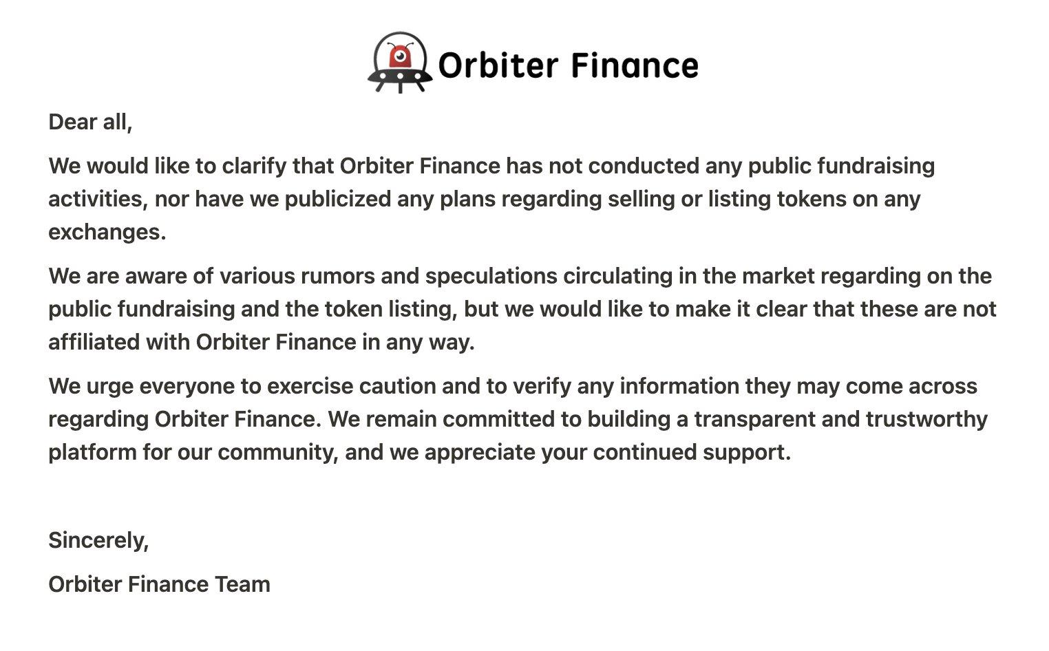 Orbiter Finance：没有进行任何公开募资，且未公布任何代币计划