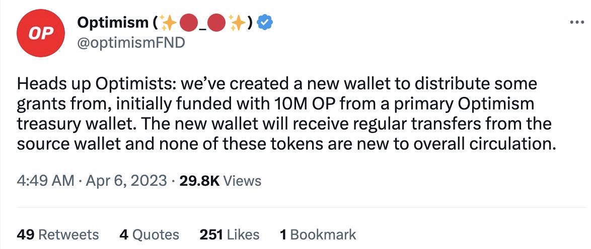 Optimismは、助成金を配分するための新しいウォレットを作成し、定期的にソースウォレットから約1000万枚のOPを受け取ります。