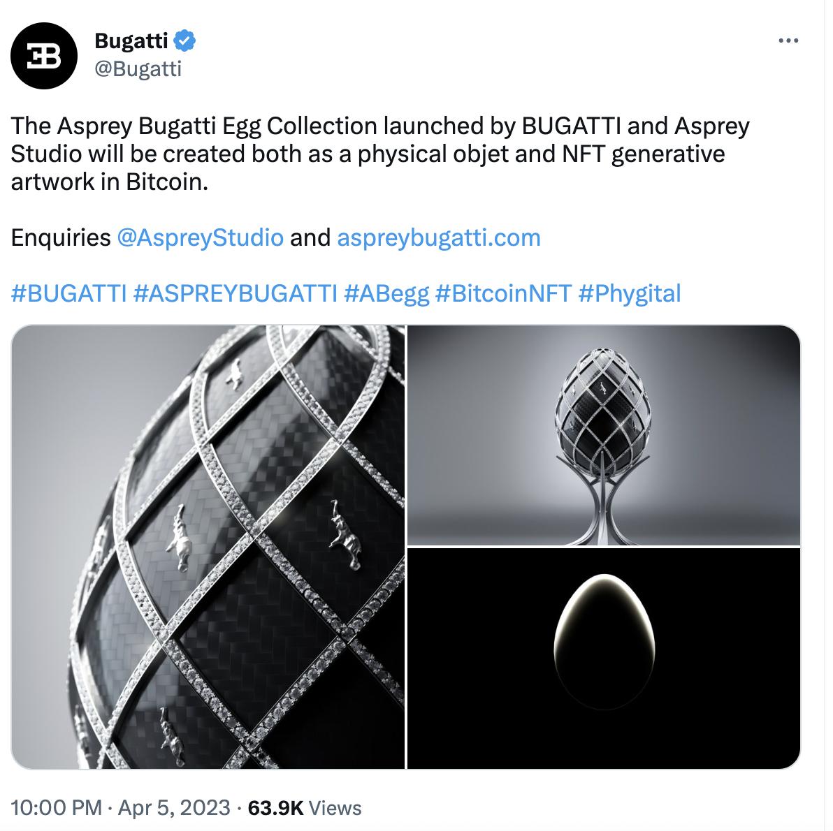 スーパーカーブランドのブガッティは、ビットコインに基づくAsprey Bugatti Egg NFTを発行します。