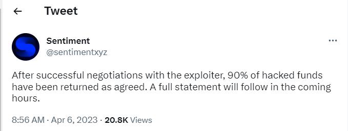 Sentiment 攻撃ハッカーは盗まれた資金の90%を返還しました。