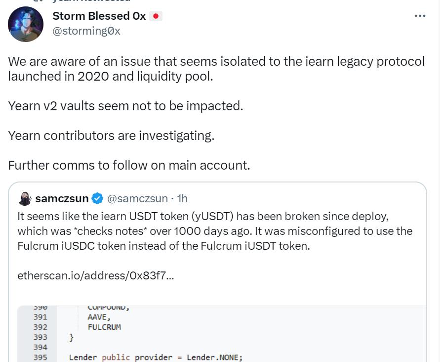 Yearn 开发者：Yearn v2 保险库似乎未受影响，正在对攻击事件进行调查