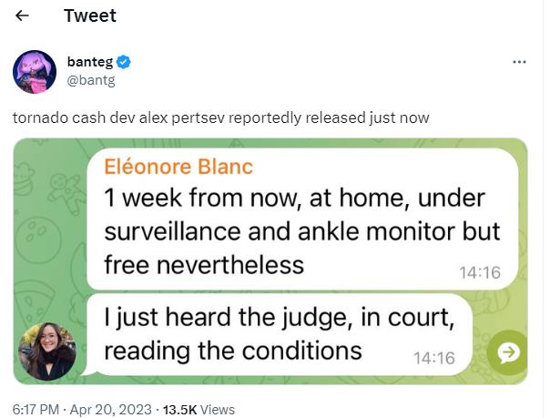 Tornado Cash creator Alexey Pertsev has been released