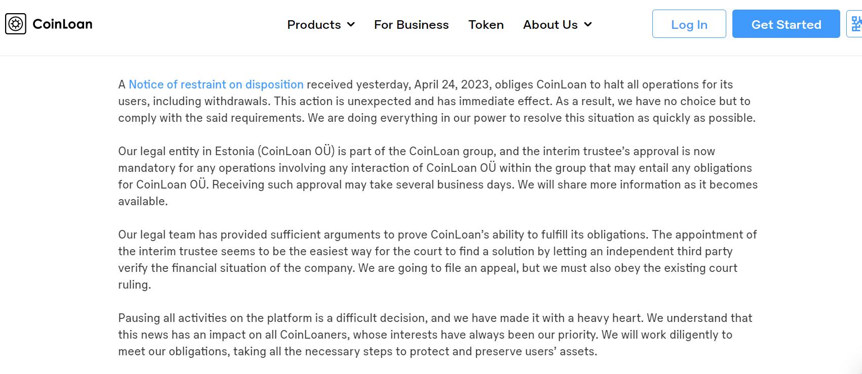 The crypto lending platform CoinLoan has suspended all user withdrawals