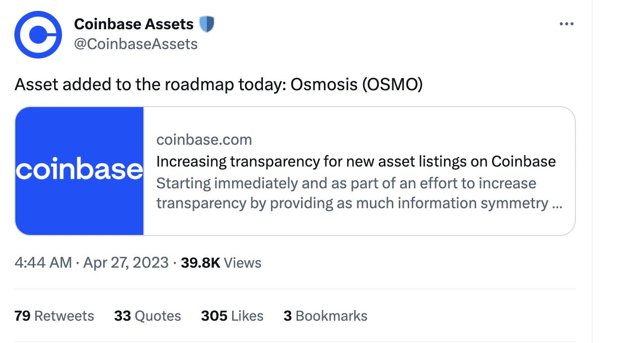Coinbase 将 Osmosis（OSMO）列入上币路线图