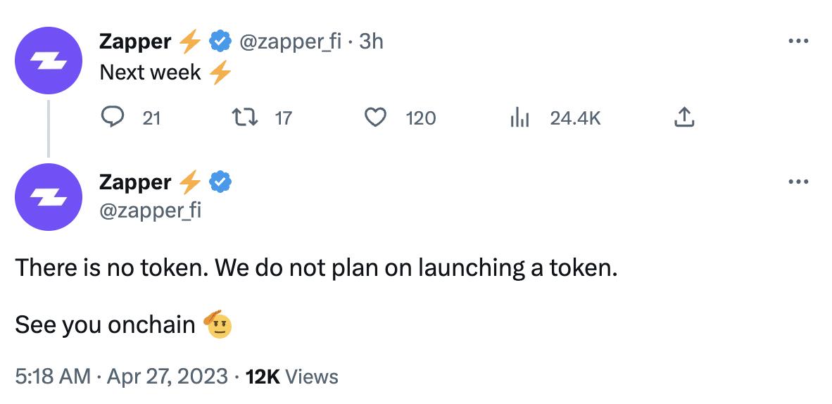 DeFi asset management protocol Zapper: No plans to launch a token