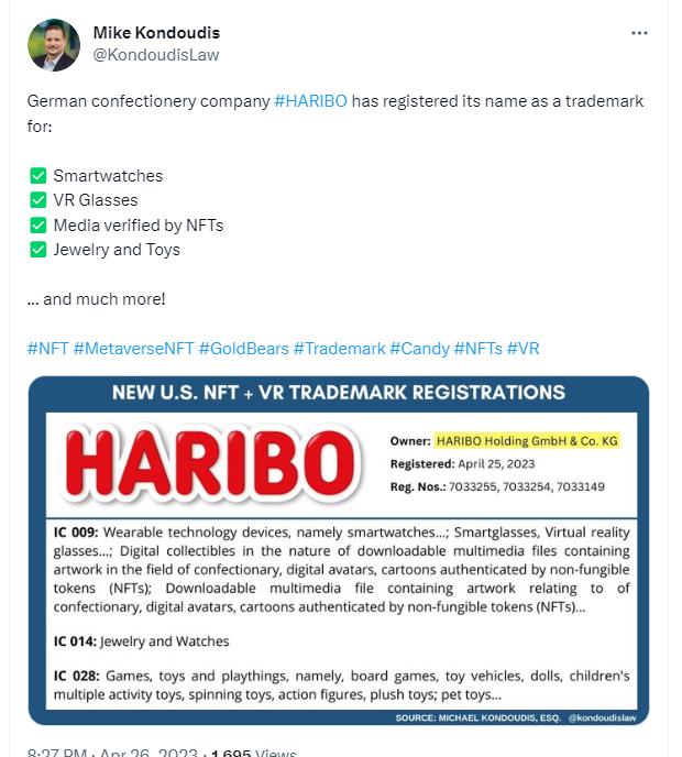 ドイツのキャンディ会社ハリボーがNFT商標の登録を申請しました。