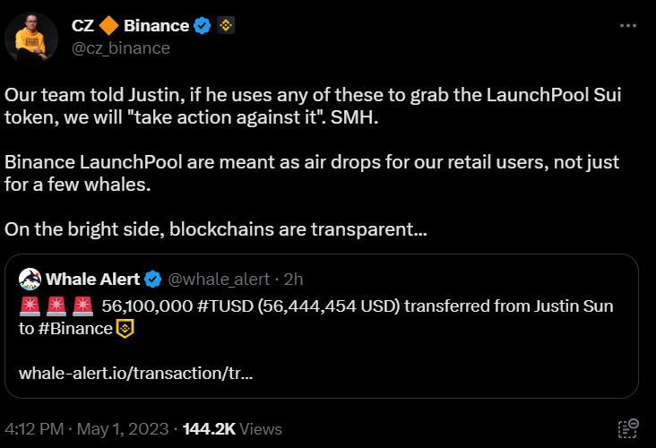赵長鵬：もし孫宇晨がBinanceに転入したTUSDを使用してSui Launchpoolに参加する場合、行動を取る。