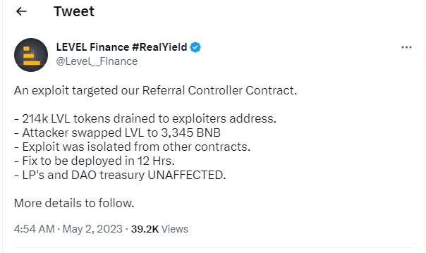 去中心化交易所 Level Finance 因合約漏洞被盜價值 100 萬美元 LVL 代幣
