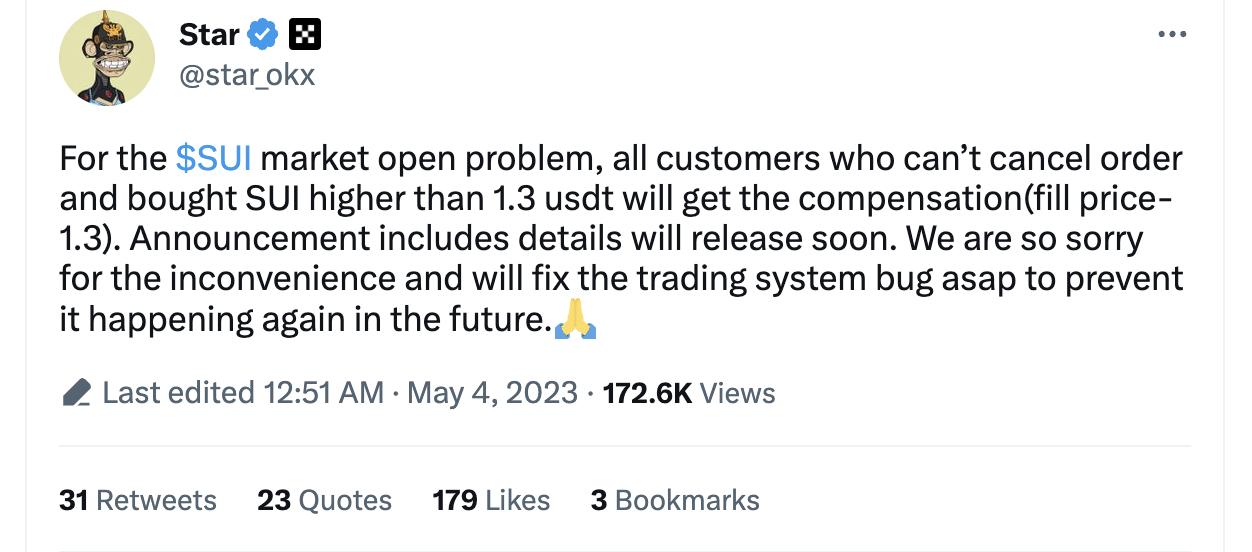 徐明星：将补偿在 OKX 无法取消订单并高于 1.3 USDT 买入 SUI 的客户