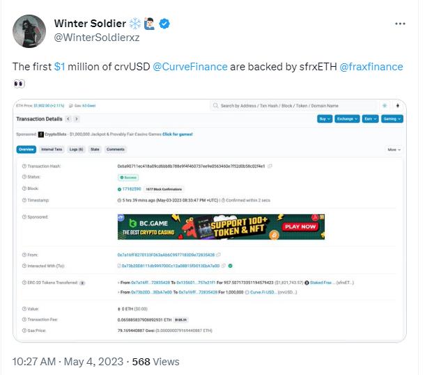 前 100 万枚 crvUSD 由 sfrxETH 抵押生成