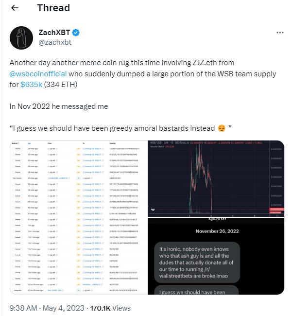 Meme 币项目 WSB Coin 发生 Rug Pull，WSB 价格下跌超 86%