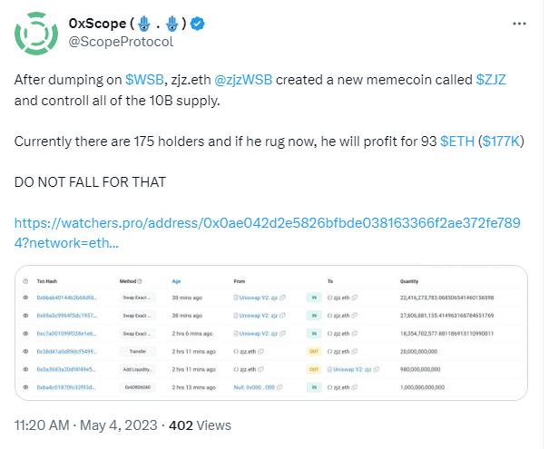 0xScope：zjz.eth 抛售 WSB 代币后，创建新 meme 代币 ZJZ