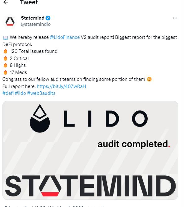 安全审计公司 Statemind 发布 Lido V2 审计报告，共发现 120 个问题