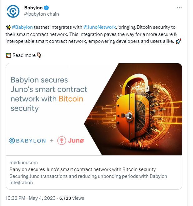Babylon 测试网已与 Juno Network 集成