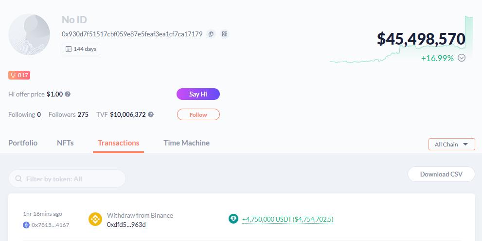 데이터: 차이원셴 친구 관련 주소에서 바이낸스에서 475만 개의 USDT를 출금함